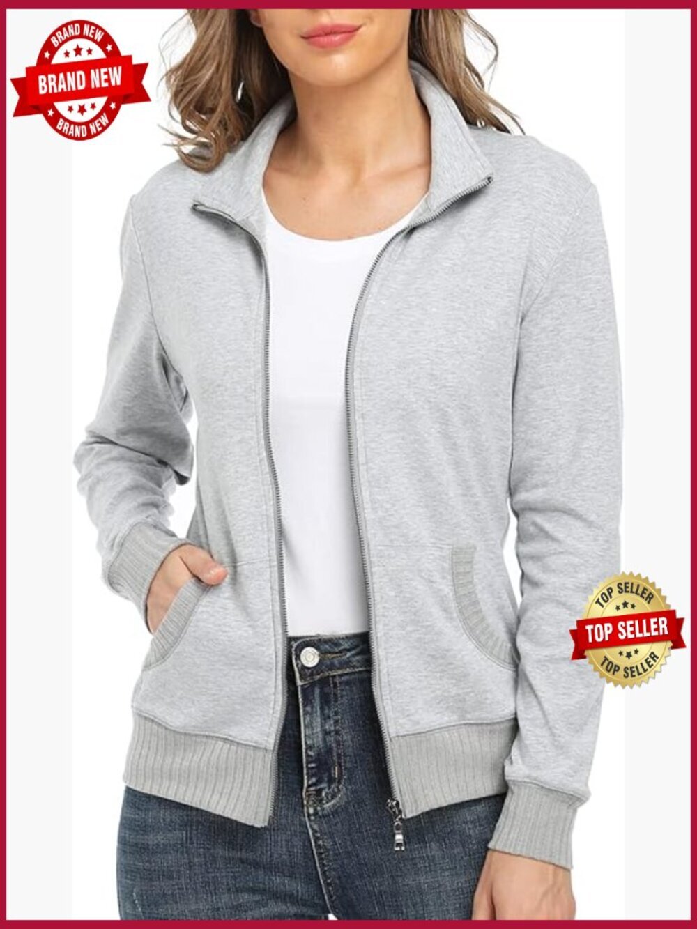 Zip up sweatshirt jacket stand collar hoodless running with pockets